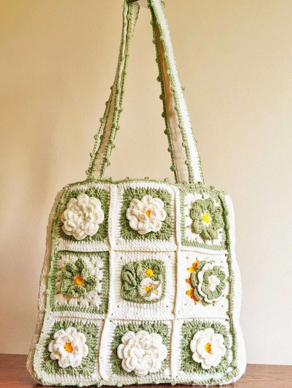 Handmade White Canvas Bag with Mint Green Crochet Trim crochet shoulder bag - Picture 1 of 10